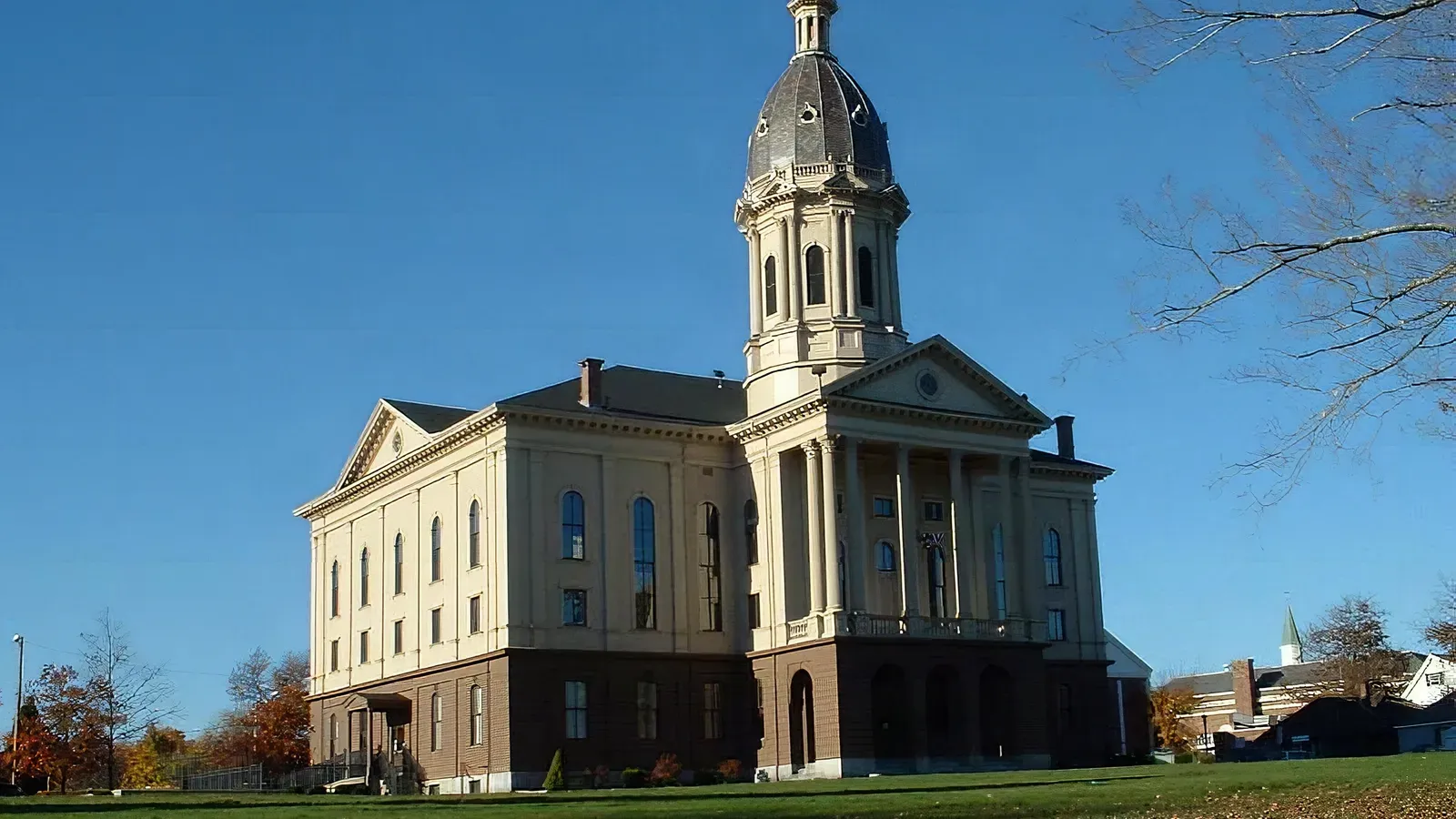 Middleborough Town Hall, an Italianate building with a tall domed cupola and columned portico, Middleborough, Massachusetts