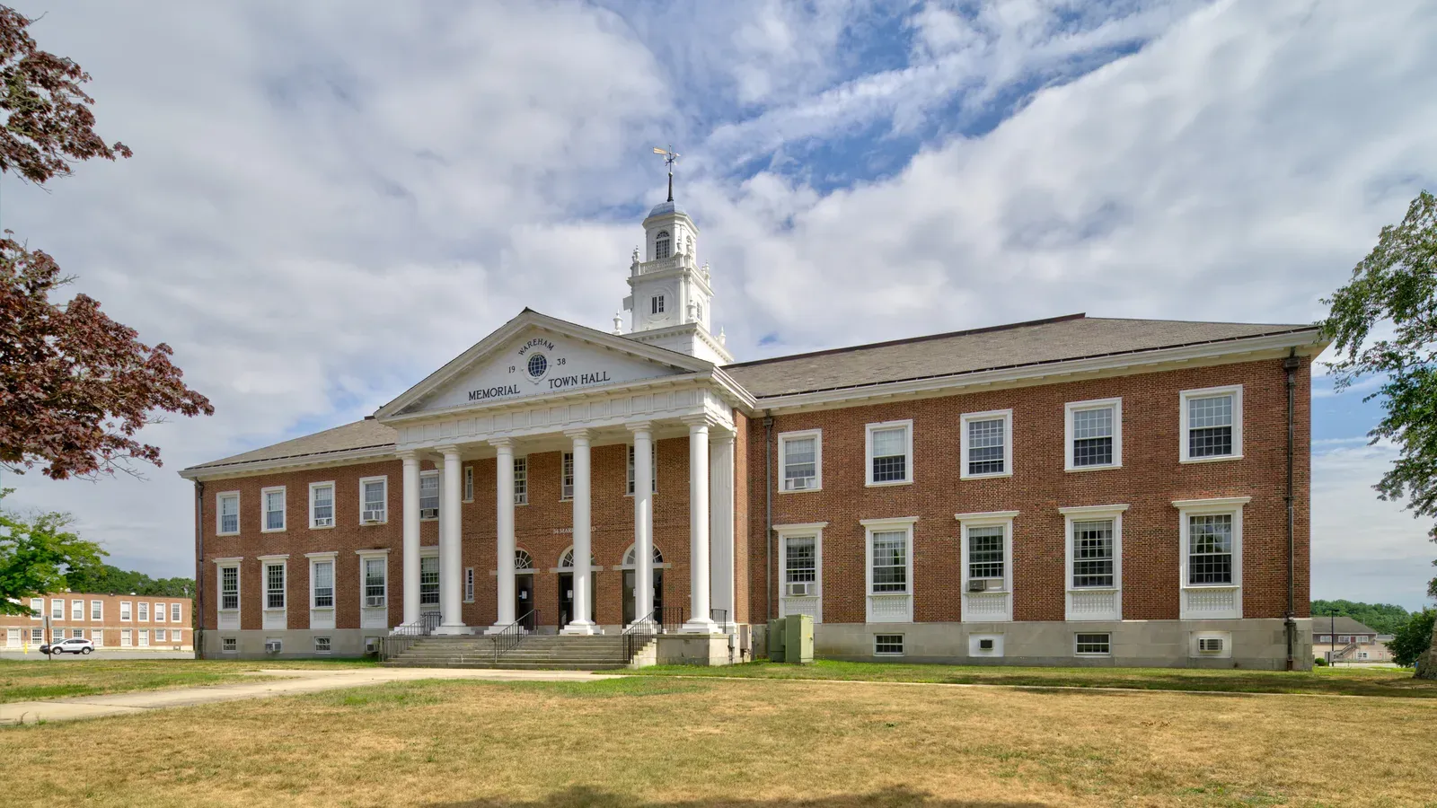 Wareham Town Hall, a red-brick Colonial Revival building with a white-columned portico and cupola, Wareham, Massachusetts